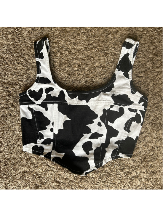 Lone Star Tops - Women's Lone Star Black and White Cow Print Corset Cotton Tank Top Size Small